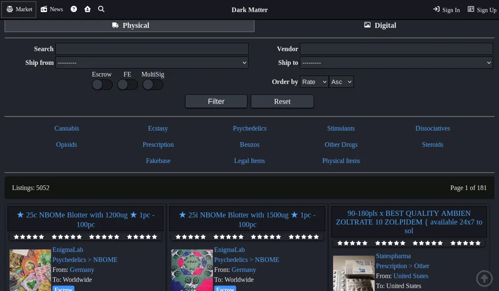 Dark Matter Market darknet marketplace interface — secure anonymous trading platform with escrow and Monero payments