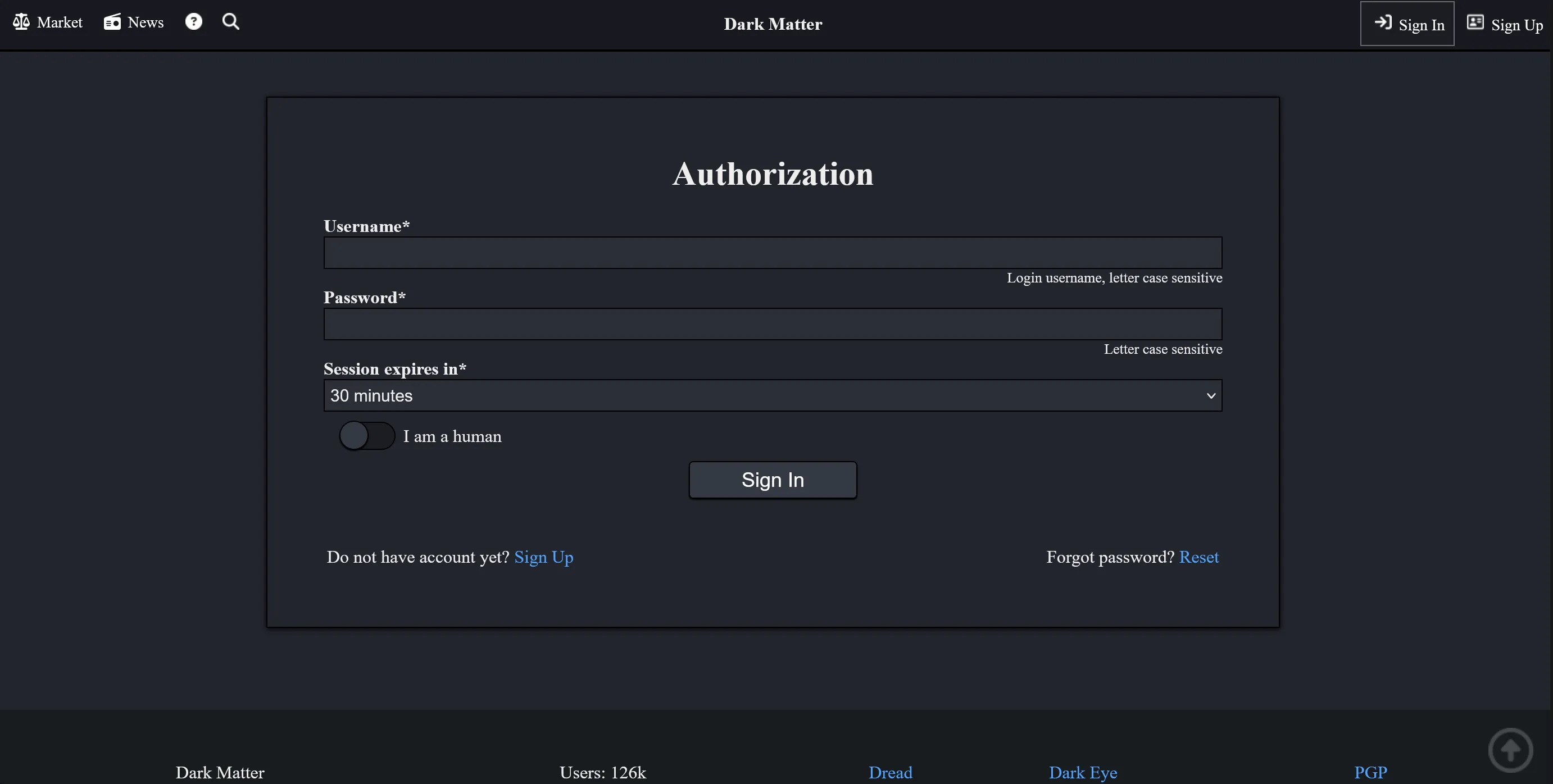 Dark Matter Market login page — secure authorization with captcha and session management