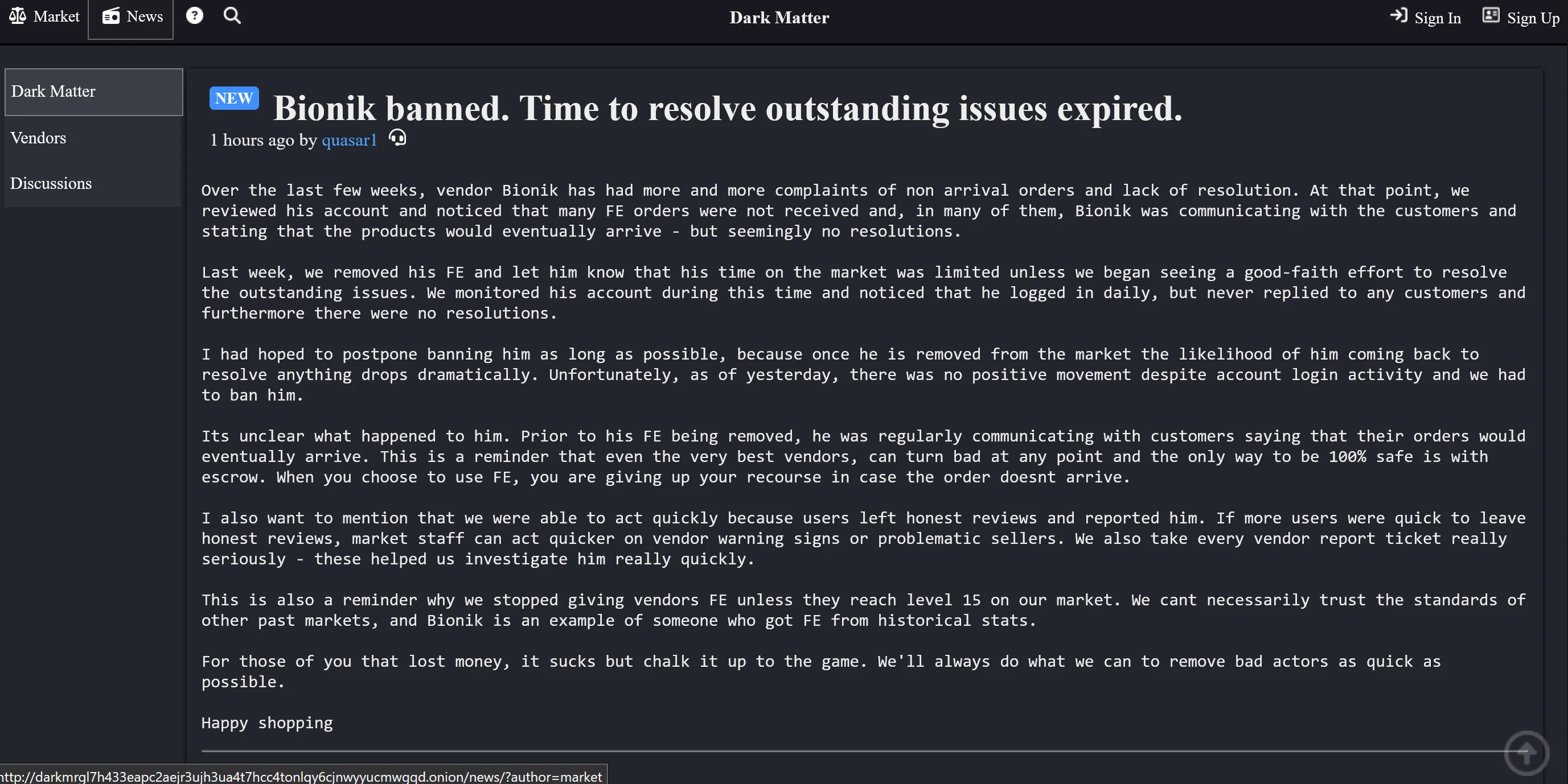 Dark Matter Market news and vendor moderation — admin transparency and community trust enforcement