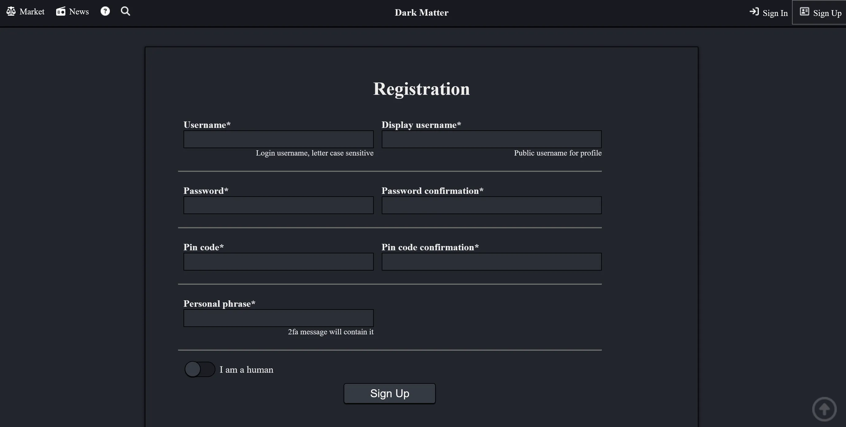 Dark Matter Market registration — sign up with username, password, pin code, and personal phrase for 2FA